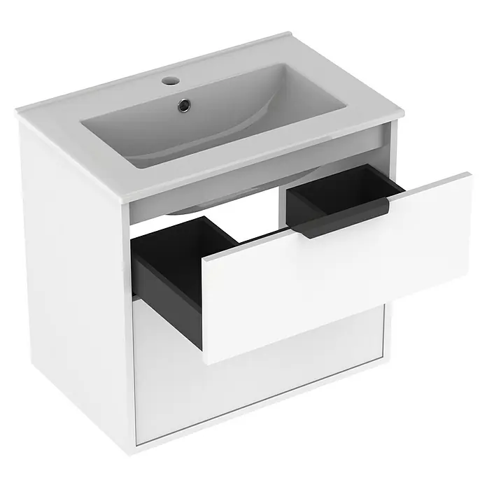 Outlets Bath Waschbeckenunterschrank Triana - Weiß, 60 x 38 x 56 cm, Farbe Griff: Schwarz - Bild eines weißen Waschtisches mit offenen Schubladen. Moderner Badschrank mit Waschbecken und praktischem Stauraum.