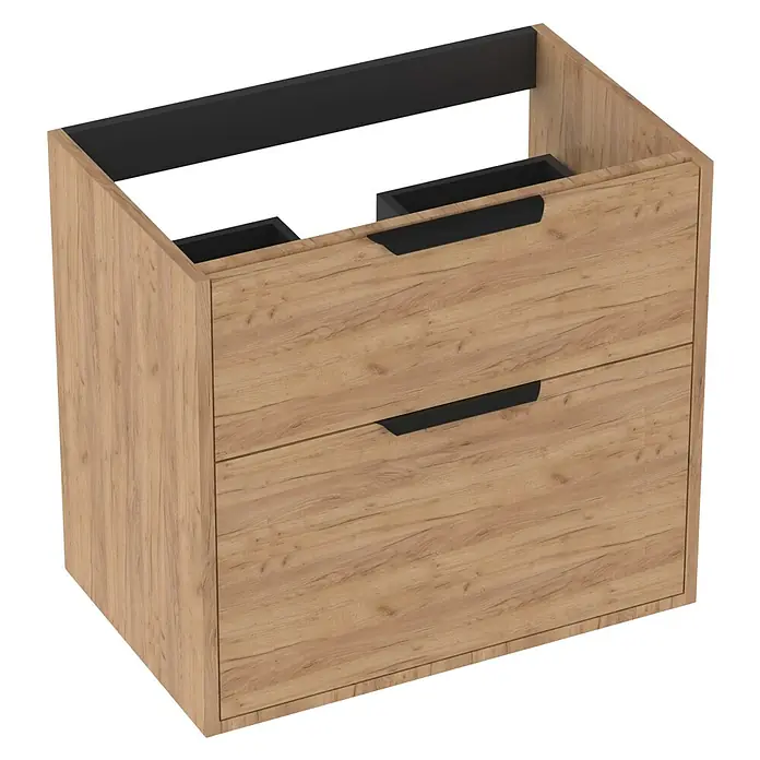 Outlets Bath Waschbeckenunterschrank Triana - Craft Oak, 60 x 38 x 56 cm, Farbe Griff: Schwarz - Holzfarbener Waschtischunterschrank mit zwei Schubladen und schwarzen Griffen für das Badezimmer. Praktisches Design.