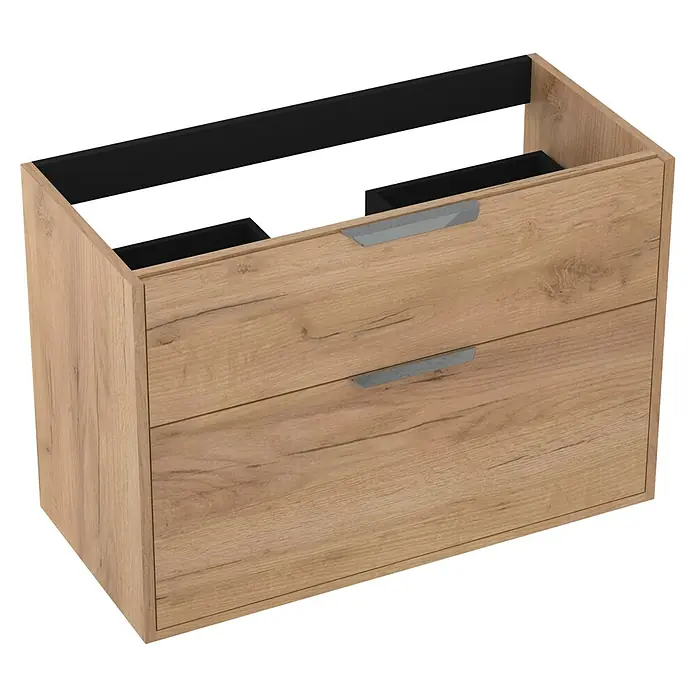 Outlets Bath Waschbeckenunterschrank Triana - Craft Oak, 80 x 38 x 56 cm, Farbe Griff: Chrom - Ein Badezimmerschrank mit zwei Schubladen im Holzdesign, perfekt für moderne Badezimmer.