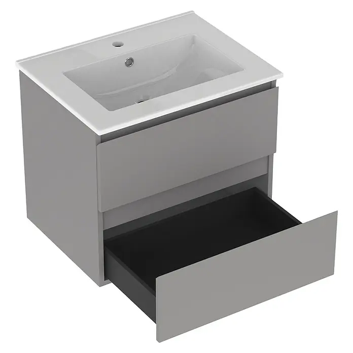 Outlets Bath Waschbeckenunterschrank Atlantis - 60 x 45 x 50 cm, Grau - Grauer Waschtischunterschrank mit offenem Schubfach und weißem Waschbeckenaufsatz für Badezimmer.