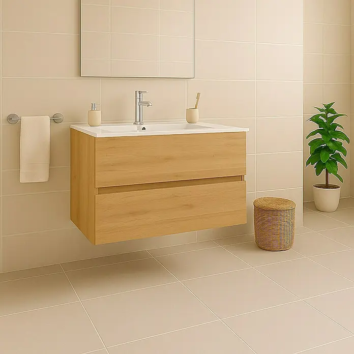 Outlets Bath Waschbeckenunterschrank Cancun - 80 x 45 x 55 cm, Craft Oak - Hänge-Waschtischunterschrank aus Holz mit weißem Waschbecken in Badezimmer mit Spiegel und Pflanze.