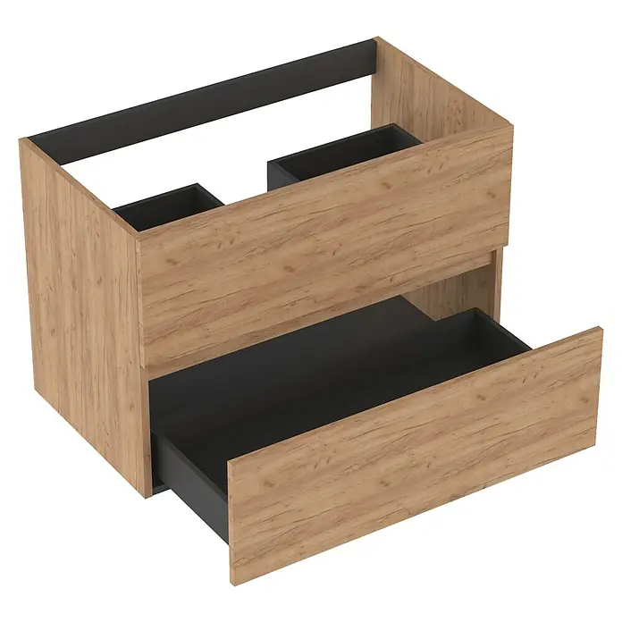 Outlets Bath Waschbeckenunterschrank Cancun - 80 x 45 x 55 cm, Craft Oak - Schubladenelement mit Holzstruktur und schwarzen Schubladen. Praktische Aufbewahrung für jeden Raum.