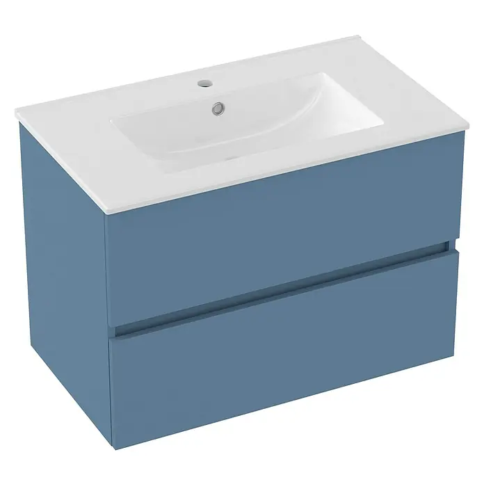 Outlets Bath Waschbeckenunterschrank Cancun - 80 x 45 x 55 cm, Blau - Blauer Waschtischunterschrank mit weißen Waschbecken. Zwei Schubladen bieten Stauraum im Bad. Ideal für moderne Badezimmer.