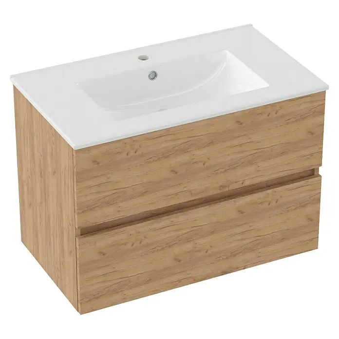 Outlets Bath Waschbeckenunterschrank Cancun - 80 x 45 x 55 cm, Craft Oak - Ein moderner Waschtisch mit Holzstruktur und einem eleganten weißen Waschbecken. Perfekt für jedes Badezimmerdesign.