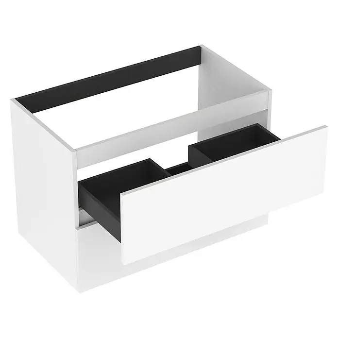 Outlets Bath Waschbeckenunterschrank Cancun - 80 x 45 x 55 cm, Weiß - Ein weißer Waschbeckenschrank mit einer herausgezogenen Schublade, die über eine praktische Facheinteilung verfügt.