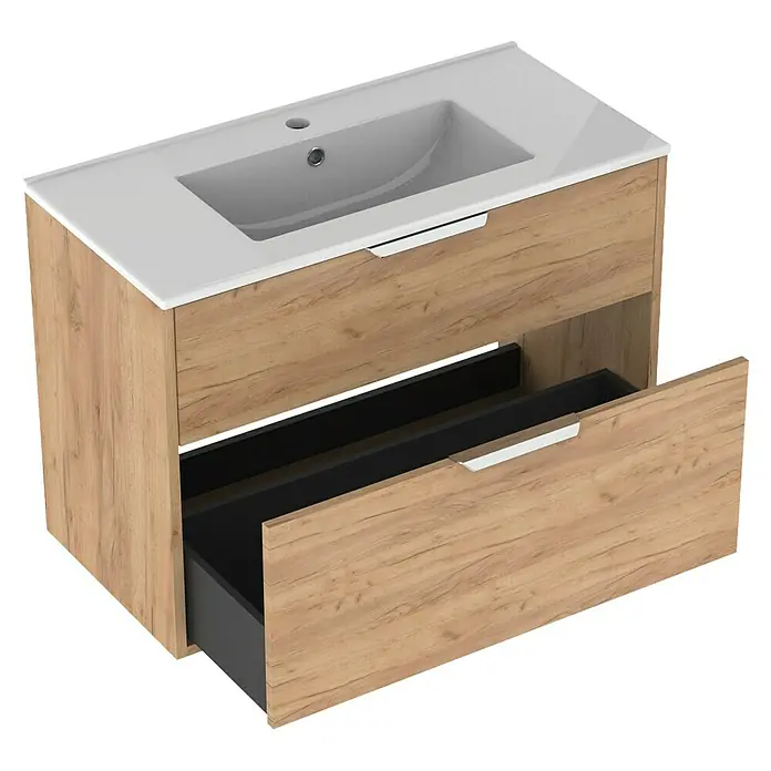 Outlets Bath Waschbeckenunterschrank Triana - Craft Oak, 80 x 38 x 56 cm, Farbe Griff: Chrom - Waschbeckenunterschrank aus Holz mit offenem Schubladen zur Aufbewahrung im Badezimmer.