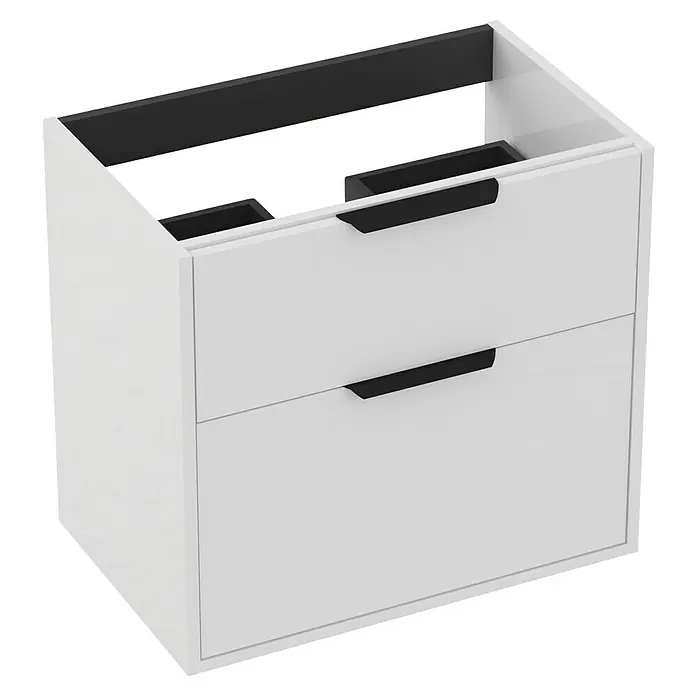 Outlets Bath Waschbeckenunterschrank Triana - Weiß, 60 x 38 x 56 cm, Farbe Griff: Schwarz - Dieser Artikel zeigt einen weißen Waschtischunterschrank mit zwei Schubladen und schwarzen Griffen. Ideal für Badezimmer.