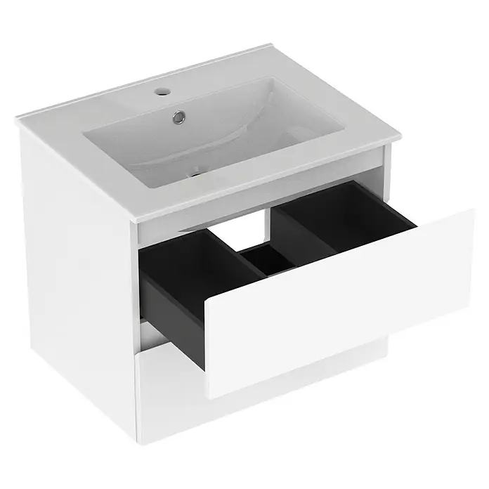 Outlets Bath Waschbeckenunterschrank Atlantis - 60 x 45 x 50 cm, Weiß - Weiße Badezimmereitelkeit mit Waschbecken oben und einer Schublade darunter. Der stilvolle Waschtisch bietet Stauraum und einen modernen Look.