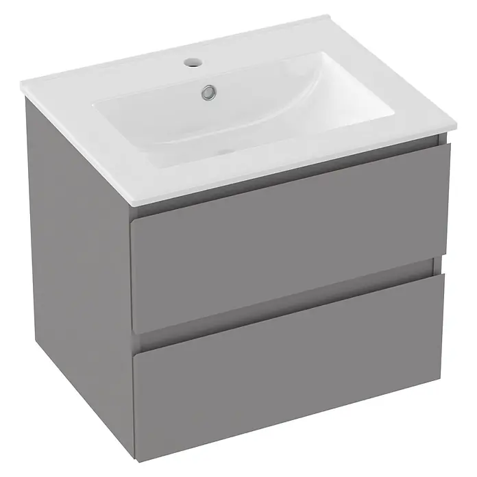 Outlets Bath Waschbeckenunterschrank Atlantis - 60 x 45 x 50 cm, Grau - Ein schickes, modernes Waschbecken mit grauen Unterschränken und einer weißen Arbeitsplatte mit integriertem Becken. Ideal für jedes Badezimmer.