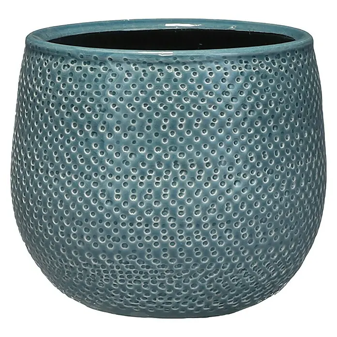 Mica Decorations Cubremaceta redondo Gabriel - Dimensiones externas (Ø x Al): 16 x 14 cm, Azul, Cerámica - Maceta de cerámica azul con textura punteada, ideal para plantas de interior, dando un toque elegante a cualquier espacio.\n