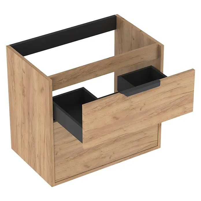 Outlets Bath Waschbeckenunterschrank Triana - Craft Oak, 60 x 38 x 56 cm, Farbe Griff: Schwarz - Ein moderner Waschtischunterschrank in Holzoptik mit zwei Schubladen. Das Badezimmermöbelstück bietet praktischen Stauraum.