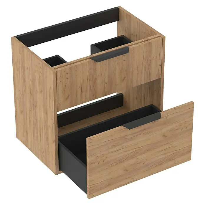 Outlets Bath Waschbeckenunterschrank Triana - Craft Oak, 60 x 38 x 56 cm, Farbe Griff: Schwarz - Ein modernes Badezimmer-Waschbeckenunterschrank mit zwei Schubladen, die für zusätzlichen Stauraum teilweise ausgezogen sind.