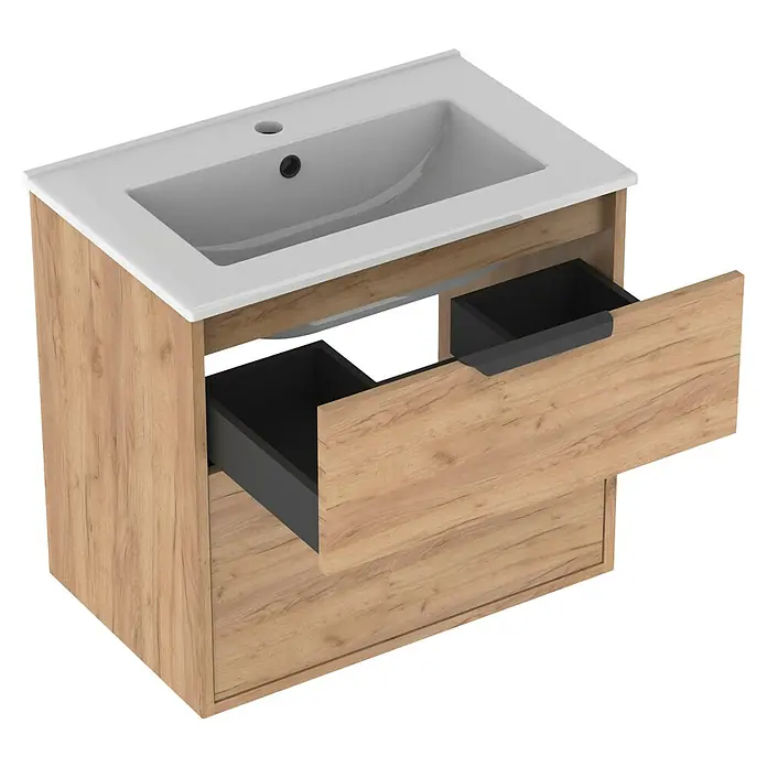 Outlets Bath Waschbeckenunterschrank Triana - Craft Oak, 60 x 38 x 56 cm, Farbe Griff: Schwarz - Modernes Waschbecken mit Unterschrank in Holzoptik und zwei Schubladen. Perfekt für jedes Badezimmer.