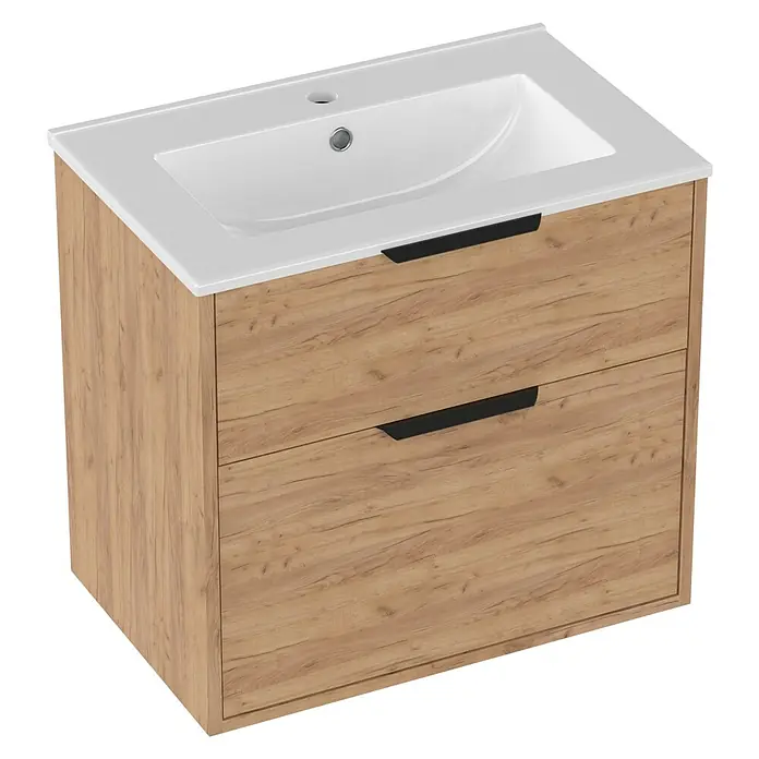 Outlets Bath Waschbeckenunterschrank Triana - Craft Oak, 60 x 38 x 56 cm, Farbe Griff: Schwarz - Unterschrank mit zwei Schubladen und Waschbecken in Weiß. Das Möbelstück ist mit einer hellen Holzmaserung versehen und hat schwarze Griffe.