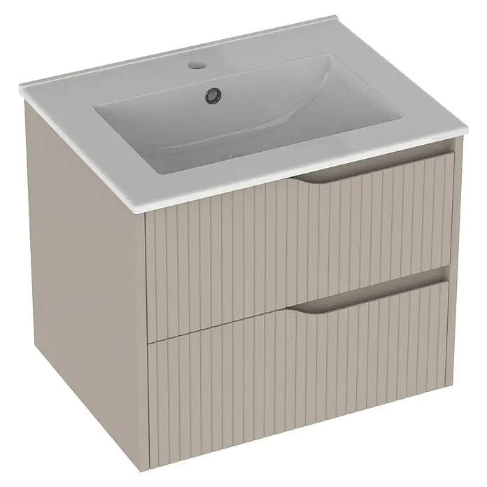 Outlets Bath Waschbeckenunterschrank Soho - 60 x 45 x 50 cm, Cashmere - Ein moderner Waschtisch mit zwei Schubladen und einem rechteckigen Waschbecken. Das Möbelstück ist in einem eleganten Beigeton gehalten.