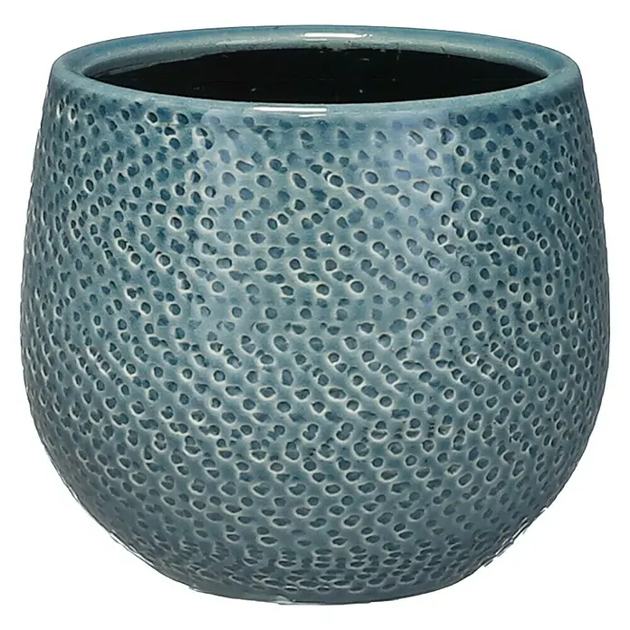 Mica Decorations Cubremaceta redondo Gabriel - Dimensiones externas (Ø x Al): 14 x 12 cm, Azul, Cerámica - Maceta de cerámica azul con superficie texturizada e interior negro brillante, ideal para plantas de interior o decoración.