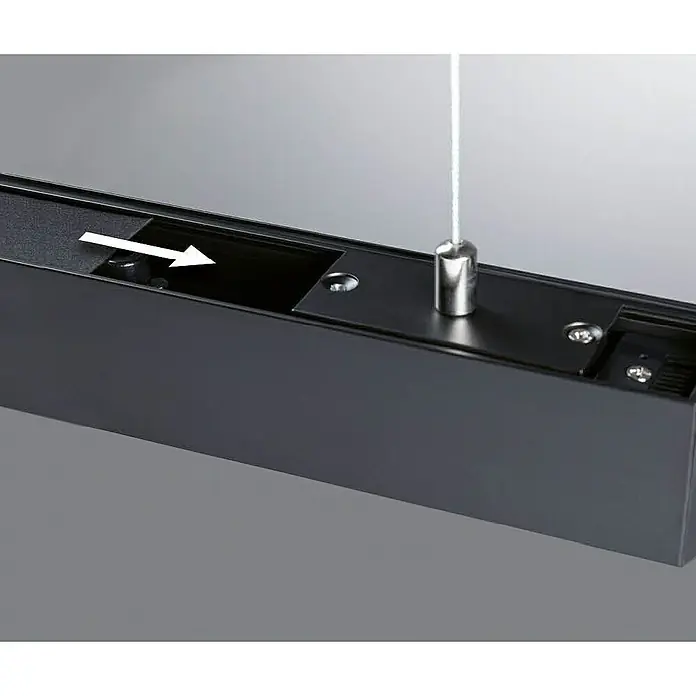 Paulmann Linion Abdeckung Gerade - L x B x H: 3,6 x 100 x 0,1 cm, Schwarz matt - Nahaufnahme einer schwarzen Lichtleiste mit einem silbernen Aufhänger und einem Pfeil, der in die Leiste zeigt.\n
