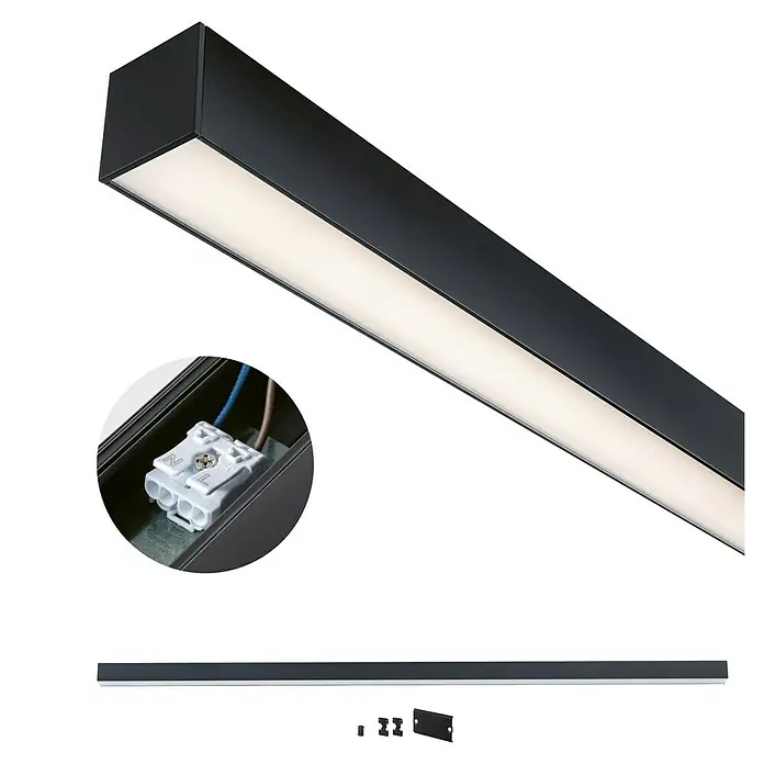 Paulmann Linion Lichtkanal - Warmweiß, Signalschwarz, L x B x H: 150 x 4 x 4 cm - Abbildung einer schwarzen LED-Lichtleiste mit Anschlussdetails, die sich ideal für moderne Innenräume eignet.