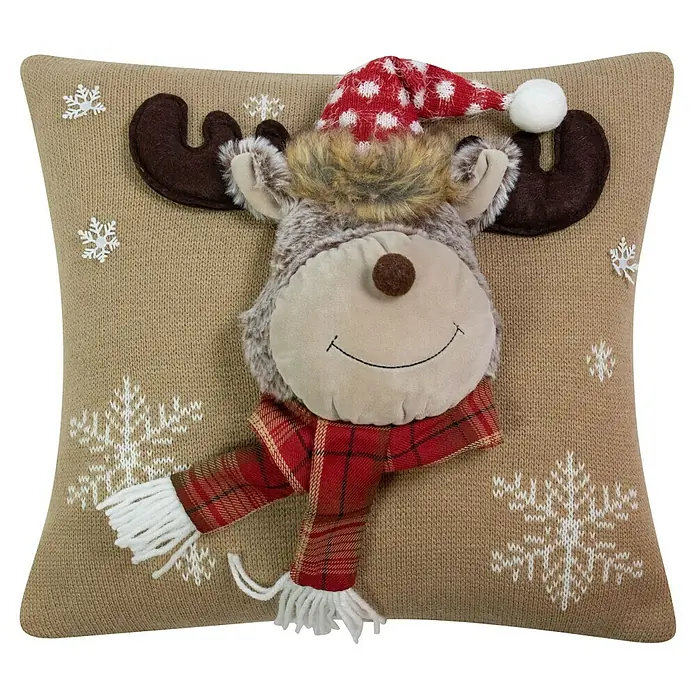 Kissen Rentier - Beige, L x H: 40 x 40 cm - Dekoratives Weihnachtskissen mit einem applizierten Elchgesicht, das eine festliche und gemütliche Atmosphäre schafft.