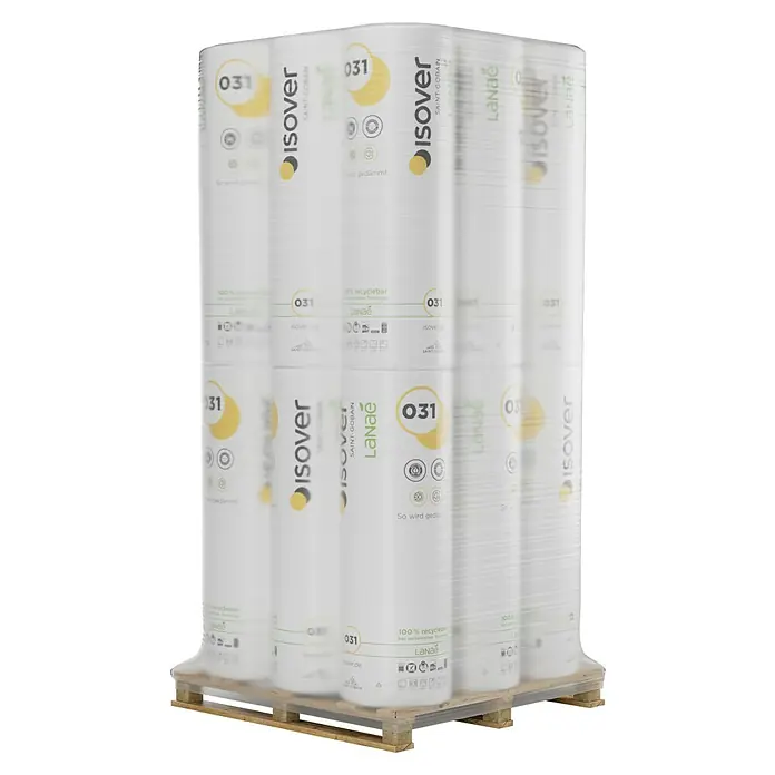 Isover Lanaé Glaswolle Klemmfilz WLS 032 - Stärke: 140 mm, Wärmeleitfähigkeit: 0,032 W/(mK) - Isoliermaterial Isover 031 auf Palette. Eine Rolle aus recycelbarem Material für beste Dämmleistung, verpackt in Folie.