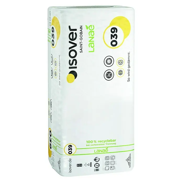 Isover Lanaé Glaswolle Trennwandplatte WLS 040 - Stärke: 50 mm, Wärmeleitfähigkeit: 0,04 W/(mK) - Verpackung der Isover LaNae 039 Dämmwolle, gekennzeichnet als 100% recycelbar, mit Produktdetails und Zertifizierungen.