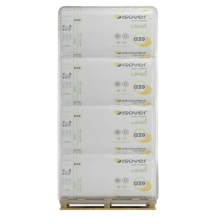 Isover Lanaé Glaswolle Trennwandplatte WLS 040 - Stärke: 50 mm, Wärmeleitfähigkeit: 0,04 W/(mK) - Eine Palette mit Isover Saint-Gobain LaNae 039 Dämmstoffpaketen, verpackt in Folie, auf einer Holzpalette.