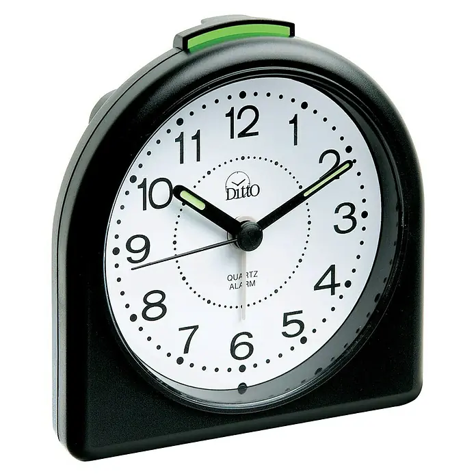 Technoline Quarzwecker SD - Analoges Display, Batteriebetrieben, Schwarz, 4 x 8,3 x 8,3 cm - Nahaufnahme eines schwarzen analogen Weckers mit einem weißen Zifferblatt, der die Zeit 10:12 anzeigt.
