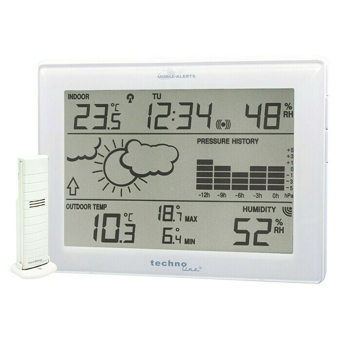 Mobile-Alerts Funkwetterstation MA10410Digitale Messanzeige, Batteriebetrieben, Weiß, 3 x 17,1 x 12,7 cm Front View