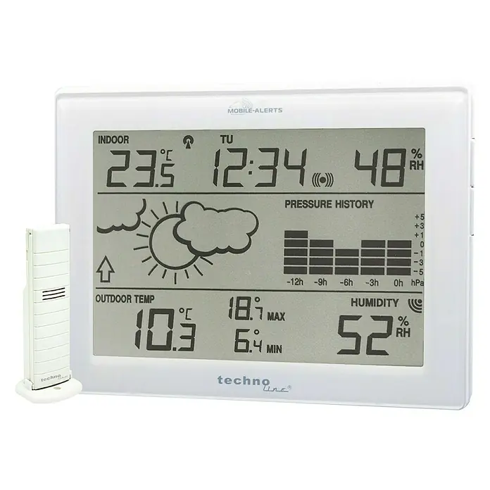 Mobile-Alerts Funkwetterstation MA10410 - Digitale Messanzeige, Batteriebetrieben, Weiß, 3 x 17,1 x 12,7 cm - Das digitale Thermometer von Techno Line zeigt Innen- und Außentemperatur, Luftfeuchtigkeit, Uhrzeit und Luftdruckverlauf an.