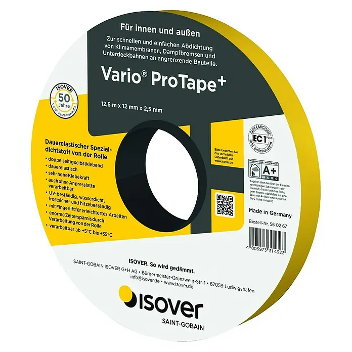 Isover Vario Dichtungsband ProTape+ - L x B: 12,5 m x 12 mm - Isover Vario ProTape+ für Innen- und Außenanwendungen, dauerelastischer Spezialdichtstoff.