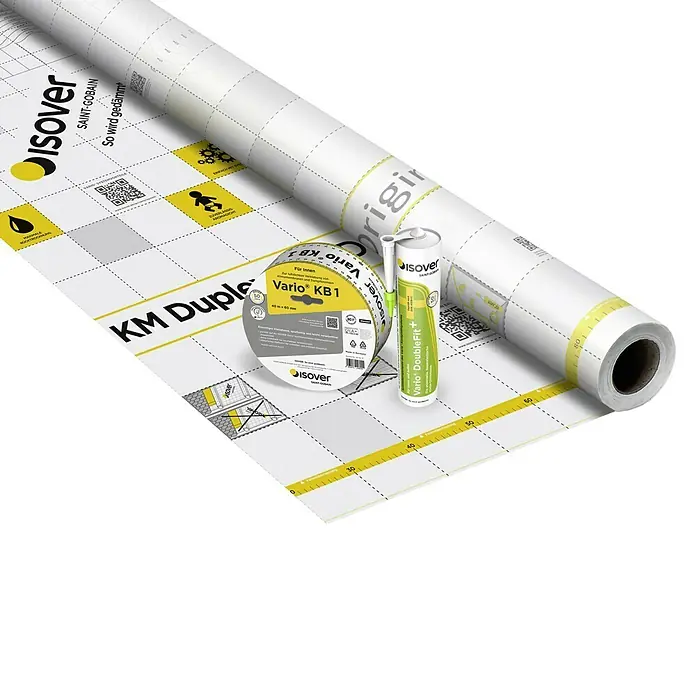 Isover Vario Dampfbremsfolie Duplex UV - L x B: 40 x 1,5 m, 60 m² - Isolierprodukte von Isover, darunter eine Rolle Dämmfolie, ein Dichtband und eine Kartusche Dichtstoff, für optimalen Wärmeschutz.