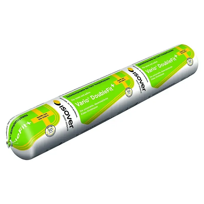 Isover Vario Dichtstoff Doublefit+ - 600 ml - Abbildung eines Isover Vario DoubleFit+ Dichtstoff-Behälters. Das Produkt ist eine dauerelastische Klebe-Dichtmasse für Innen- und Außenbereiche.