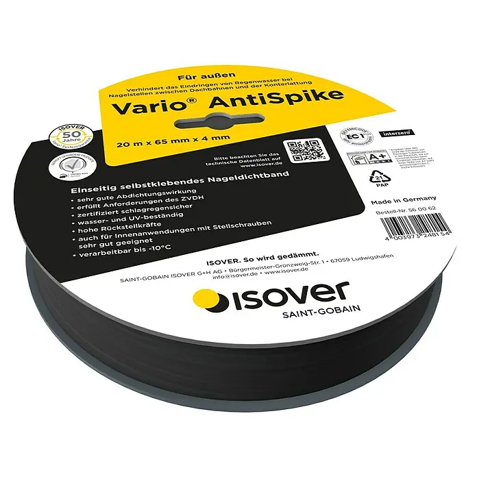 Isover Vario Nageldichtband AntiSpike - B x L: 65 mm x 20 m - ISOVER Vario AntiSpike Nageldichtband: Verhindert Eindringen von Regenwasser, selbstklebend, wasser- und UV-beständig, für Innen- und Außenanwendungen.