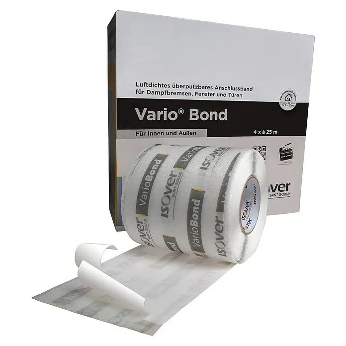 Isover Vario Putzband Bond 150 - L x B: 25 m x 150 mm - Nahaufnahme eines Isover Vario Bond Dichtbandes, luftdicht überputzbar für Dampfbremsen, Fenster und Türen, ideal für Innen- und Außenbereiche.