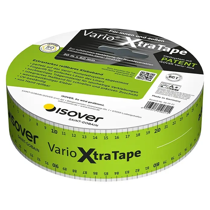 Isover Vario Klebeband XtraTape - 20 m x 60 mm - ISOVER Vario Xtra Tape, ein extra starkes, reißbares Klebeband für Innen- und Außenanwendungen mit integriertem Maßband für präzise Zuschnitte.