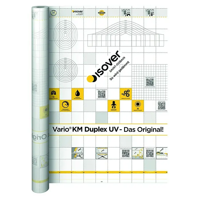 Isover Vario Dampfbremsfolie Duplex UV - L x B: 40 x 1,5 m, 60 m² - Bild einer Rolle Isover Vario KM Duplex UV Dampfbremsfolie. Die Folie ist mit einem Raster und diversen Symbolen bedruckt.