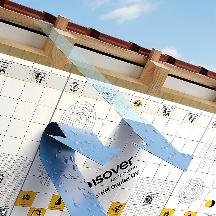 Isover Vario Dampfbremsfolie Duplex UV - L x B: 40 x 1,5 m, 60 m² - Das Bild zeigt eine detailreiche Darstellung der Isover KM Duplex UV Dampfbremsfolie, die für den Einsatz im Dachbereich konzipiert ist.