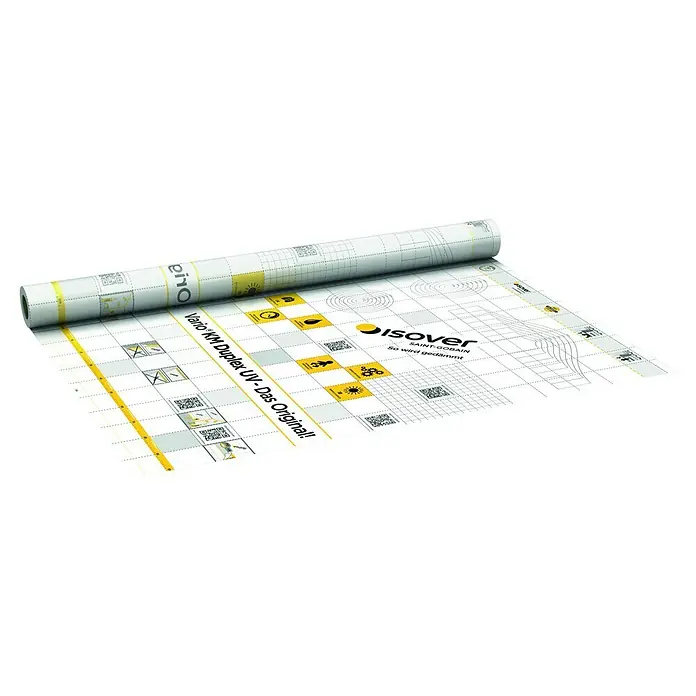 Isover Vario Dampfbremsfolie Duplex UV - L x B: 40 x 1,5 m, 60 m² - Nahaufnahme einer Rolle Isover Vario KM Duplex UV Dampfbremsfolie, die durch ihre gelbe Rasteroptik und Beschriftungen auffällt.