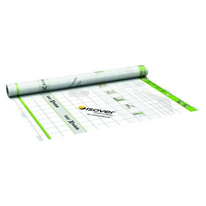 Isover Dampfbremsfolie XtraSafe - L x B: 40 x 1,5 m, 60 m² - Nahaufnahme einer Rolle Isover Vario XtraSafe Dampfbremsfolie, die auf einer ebenen Fläche ausgerollt liegt.