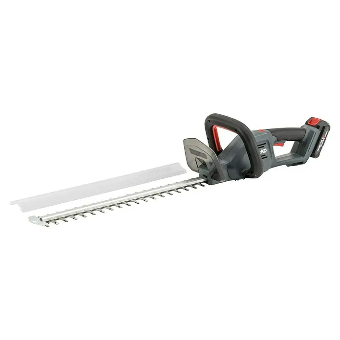 AL-KO 18V/36V Akku-Heckenschere HTD 1855 - 18 V, Li-Ionen, 1 Akku, Schnittlänge: 55 cm - Akku-Heckenschere mit grauen Griffen, rotem Akzent und langer silberner Klinge zum Trimmen von Hecken in Ihrem Garten.