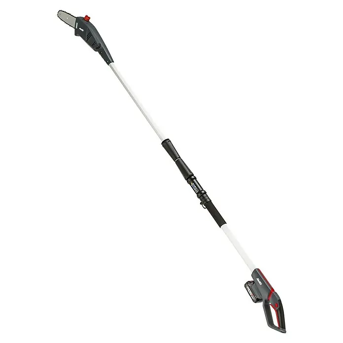 AL-KO 18V/36V Akku-Hochentaster CSAD 1820 - 18 V, 1 Akku, Schwertlänge: 20 cm, Länge Stiel: 210 cm - 260 cm - Das Bild zeigt eine AL-KO Hochentaster Kettensäge mit Teleskopstiel und Akku, ideal für Baumpflege in schwer zugänglichen Bereichen.