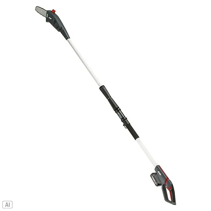 AL-KO 18V/36V Akku-Hochentaster CSAD 1820 - 18 V, 1 Akku, Schwertlänge: 20 cm, Länge Stiel: 210 cm - 260 cm - Das Bild zeigt eine AL-KO Hochentaster Kettensäge mit Teleskopstiel und Akku, ideal für Baumpflege in schwer zugänglichen Bereichen.