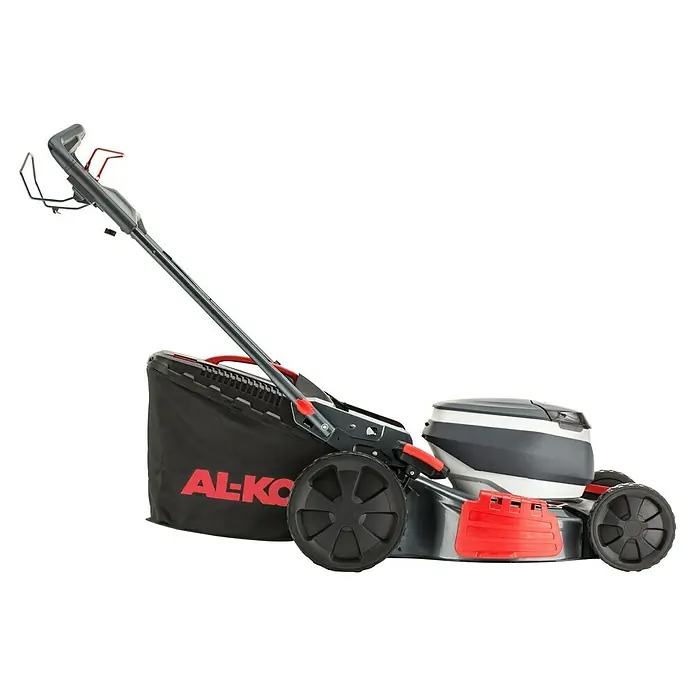 AL-KO 18V/36V Akku-Rasenmäher 51.6 - 18 V - 36 V, 2 Akkus, 8 Ah, Schnittbreite: 51 cm - Hier ist ein AL-KO Rasenmäher zu sehen. Er ist grau, rot und schwarz und hat einen Fangkorb.