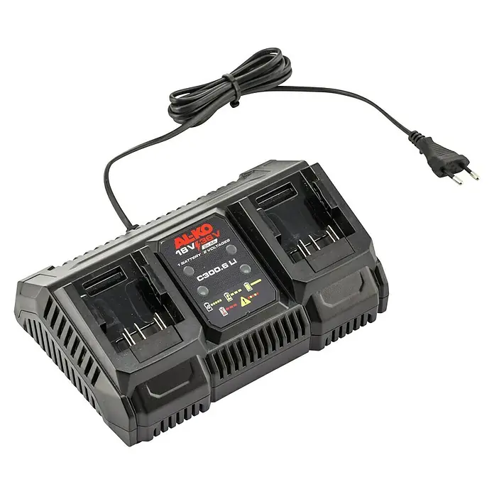 AL-KO 18V/36V Dual-Ladegerät C300.6 2x4A - Schwarz/Rot - AL-KO C300.6 Li Akku-Ladegerät für 18 V und 36 V Akkus, zum Aufladen von zwei Akkus gleichzeitig, mit Ladezustandsanzeige für jeden Akku.