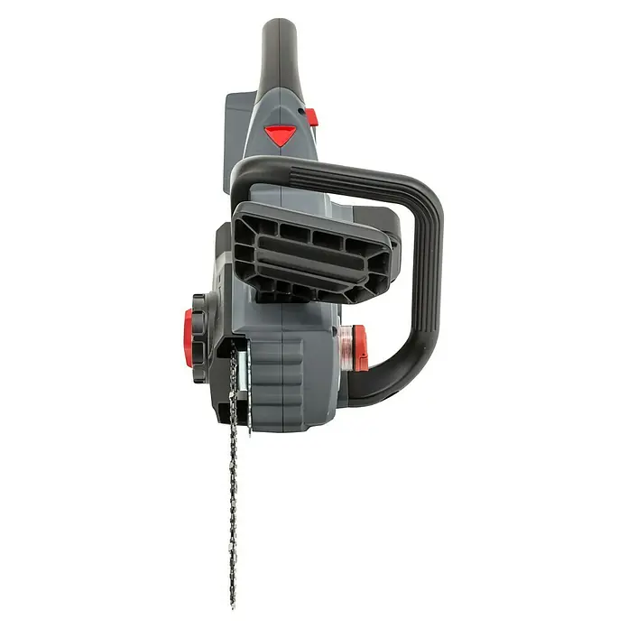 AL-KO 18V/36V Akku-Kettensäge CSD 1825 - Li-Ionen, Ohne Akku, Schwertlänge: 25 cm - Hier ist eine Nahaufnahme einer elektrischen Kettensäge, die ihre Konstruktionsmerkmale und Werkzeuge für den Holzschnitt hervorhebt.