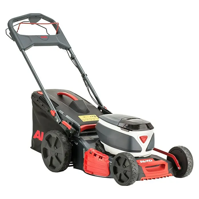 AL-KO 18V/36V Akku-Rasenmäher 46.6 - 18 V - 36 V, 2 Akkus, 5 Ah, Schnittbreite: 46 cm - Ein AL-KO Akku-Rasenmäher in Schwarz und Rot, ideal für die Gartenpflege. Der Mäher kombiniert Leistung und Benutzerfreundlichkeit.