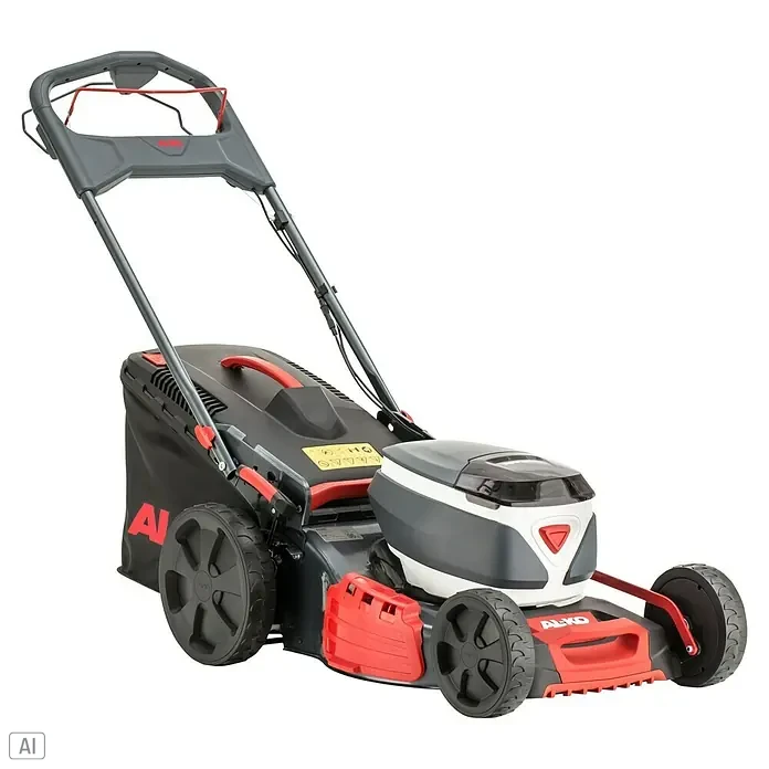 AL-KO 18V/36V Akku-Rasenmäher 46.6 - 18 V - 36 V, 2 Akkus, 5 Ah, Schnittbreite: 46 cm - Ein AL-KO Akku-Rasenmäher in Schwarz und Rot, ideal für die Gartenpflege. Der Mäher kombiniert Leistung und Benutzerfreundlichkeit.