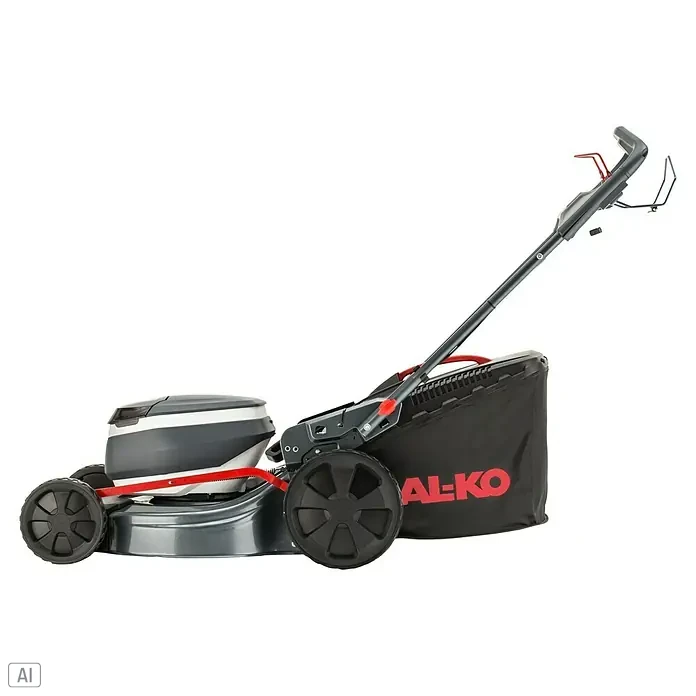 AL-KO 18V/36V Akku-Rasenmäher 51.6 - 18 V - 36 V, 2 Akkus, 8 Ah, Schnittbreite: 51 cm - Seitenansicht eines AL-KO Akku-Rasenmähers mit Fangkorb und verstellbarem Griff.