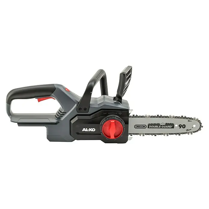 AL-KO 18V/36V Akku-Kettensäge CSD 1825 - Li-Ionen, Ohne Akku, Schwertlänge: 25 cm - Nahaufnahme einer AL-KO Akku-Kettensäge mit Oregon Double Guard Schwert und rot markierten Bedienelementen. Präzise, leistungsstark und zuverlässig.