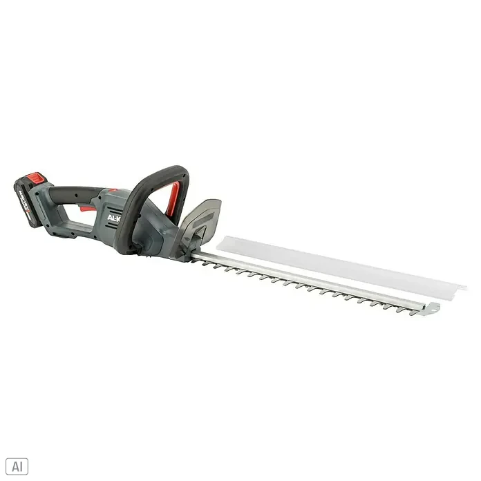 AL-KO 18V/36V Akku-Heckenschere HTD 1855 - 18 V, Li-Ionen, 1 Akku, Schnittlänge: 55 cm - Akkubetriebene Heckenschere von AL-KO mit grauem Gehäuse, schwarzem Griff und roten Akzenten. Ideal für präzise und kabellose Gartenarbeit.